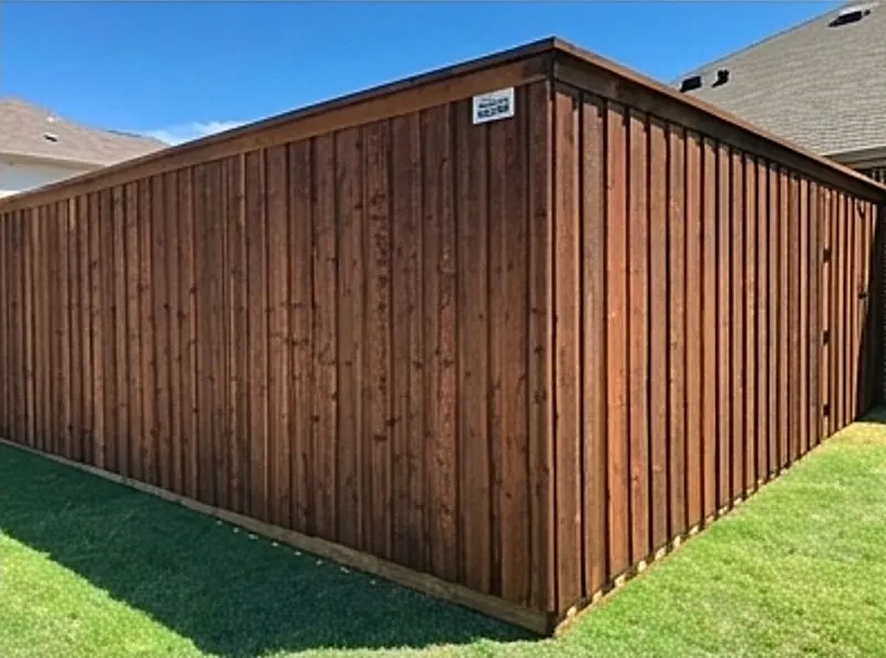 Stained board-on-board cedar fence with a kickboard closing the gap at ground level