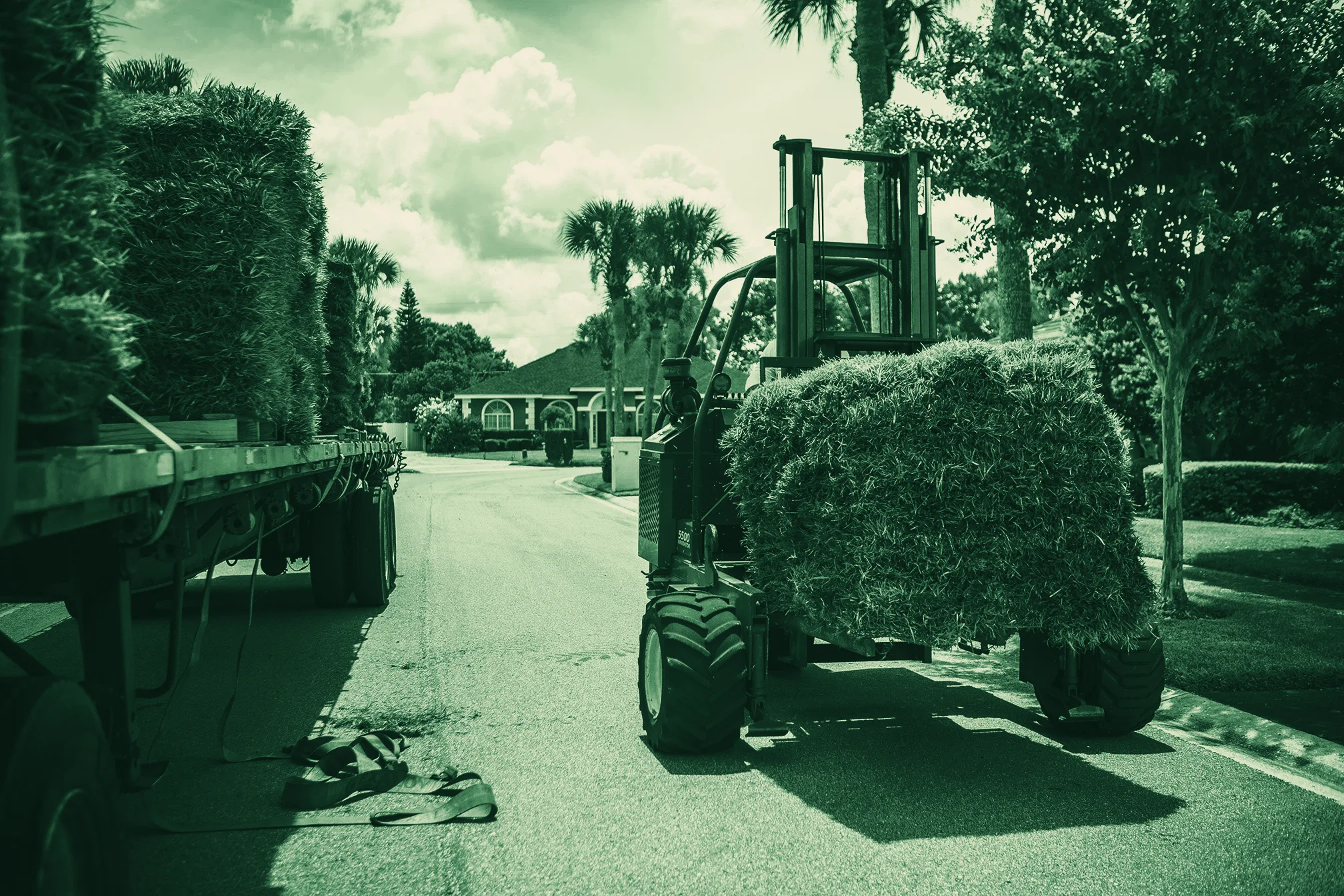 Grass DFW crew members laying rolls of sod in a Dallas front yard